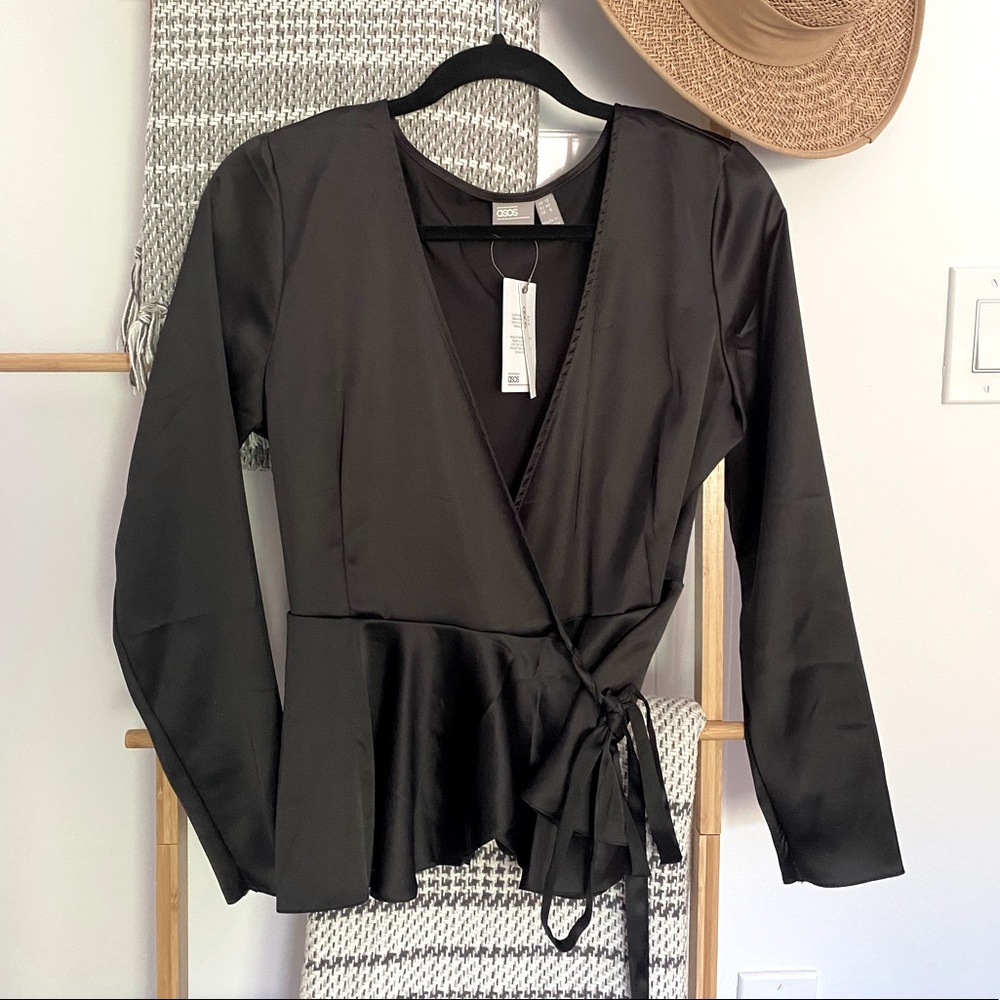 Satin Black Tie Long Sleeve Blouse
